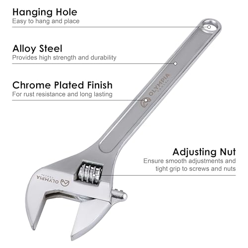 Olympia Tools 24" Adjustable Wrench, Heavy Duty Drop Forged Steel, Chrome Plated, Precision Machined Jaws, Rust Resistant