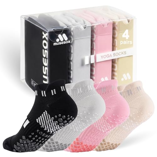 musesox 4 Pairs Non-Slip Pilates Socks for Women with grips,Grippy Ankle Socks for Yoga,Barre,Hospital,Gym,Dance
