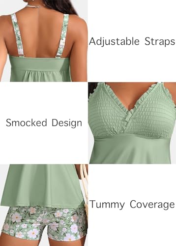 ROSEWE Womens Tankini Bathing Suits, Two-Piece Smocked Swim Dress, Print Swimsuits with Board Shorts