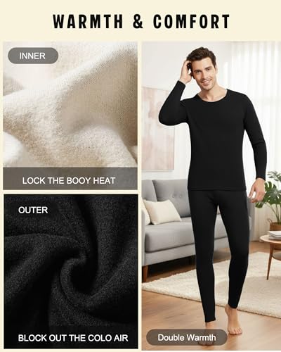 Patelai 2 Pack Thermal Underwear for Men Fleece Lined Long Underwear Winter Base Layer Set Cold Weather Top Bottom