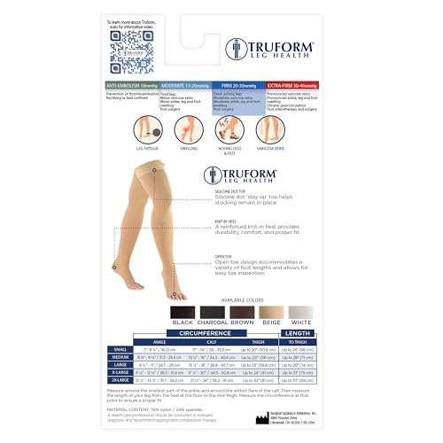 Truform 20-30 mmHg Compression Stockings for Men and Women, Thigh High Length, Dot-Top, Open Toe, Black, Large