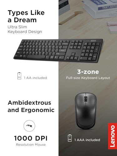 Lenovo 100 Wireless Keyboard and Mouse Combo – Cordless Set with Spill Resistant Quiet Keys – 3-Zone Keyboard - Ambidextro...