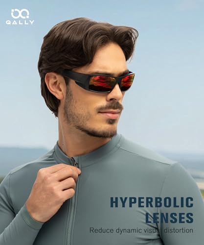 QALLY Sports Sunglasses-Men Polarized Mens-Sunglasses: Wrap Around Sun Glasses for Cycling Fishing with UV400 Protection