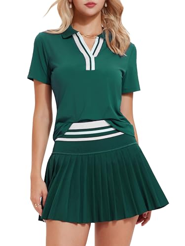 Tennis Skirt Set for Women Color Block V Neck Golf Pickleball Outfits Pleated Athletic Two Piece Skirts Sets