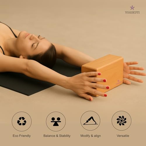 Yogikuti Bamboo Yoga Block Set of 4 – Premium Wooden Support Block for Iyengar Yoga, Pilates and Fitness – Lightweight, St...