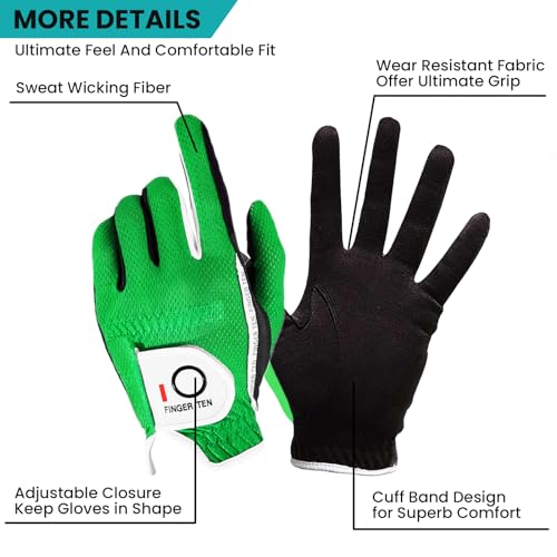 FINGER TEN Men’s Golf Glove Left Hand Right Handed Golfer Rain Grip 1 Pack, Durable Fit for Hot Wet All Weather Small Medi...