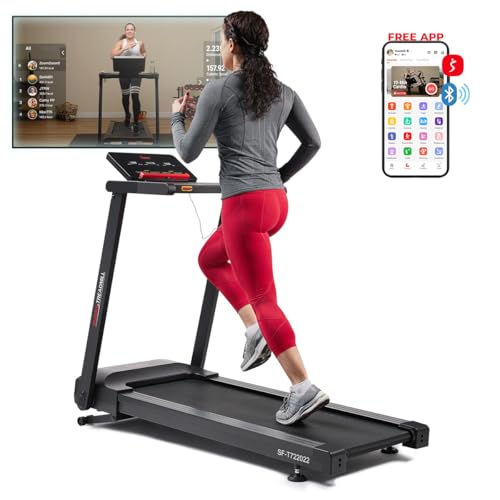 Sunny Health & Fitness Interactive Slim Folding Treadmill for Home, Running or Walking with Quiet Brushless, Shock Absorpt...