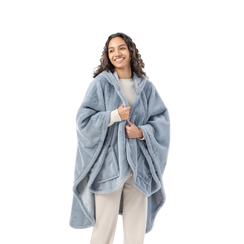 Berkshire Faux Fur Wearable Blanket, Cozy Reversible Loftmink Fleece Shawl with Hood & Side Pockets
