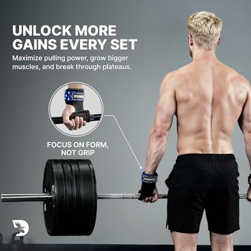 DMoose Fitness Weight Lifting Hooks (Pair) for Deadlifts, Pull Ups, Rows & Shrugs - Anti-Rip Nylon Strap Hand Grips with T...