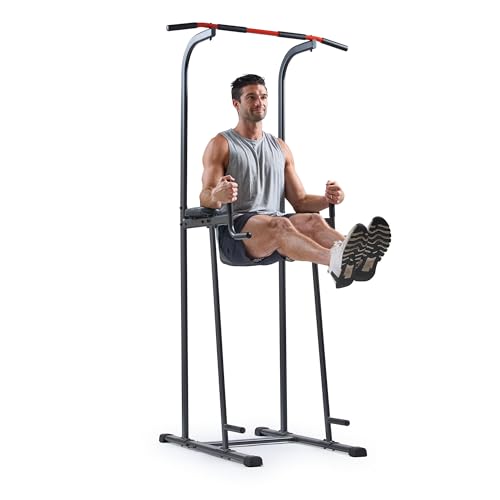 Sunny Health & Fitness Power Tower, Dip Bar, Push-Up & Pull Up Assisting Parallette Station w Optional Rock Climbing Grip ...