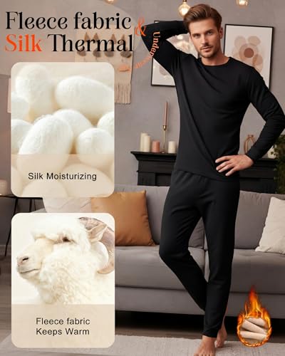 Patelai 2 Pack Thermal Underwear for Men Fleece Lined Winter Base Layer Set Long Sleeve Crew Neck Top and Bottom
