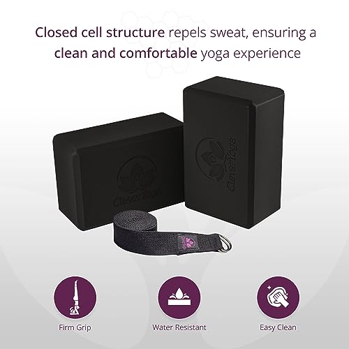 Clever Yoga Blocks & Strap - Lighweight Foam Yoga Blocks 2 Pack with 8ft Cotton Yoga Strap Set Kit for Beginners & Pros, A...