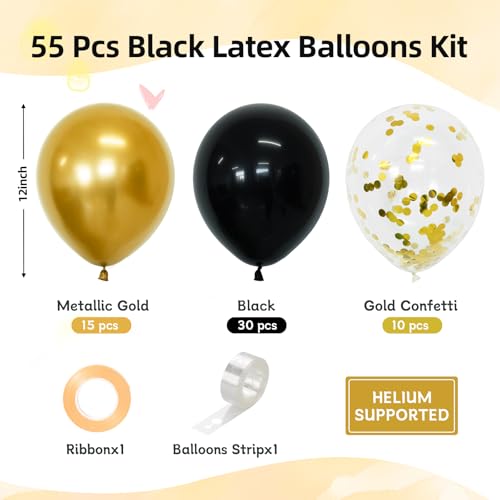 CVPARTYON Black and Gold Balloons, 55 Pcs 12 Inch Metallic Gold Balloons Black Balloon Gold Confetti Latex Balloon for Bir...