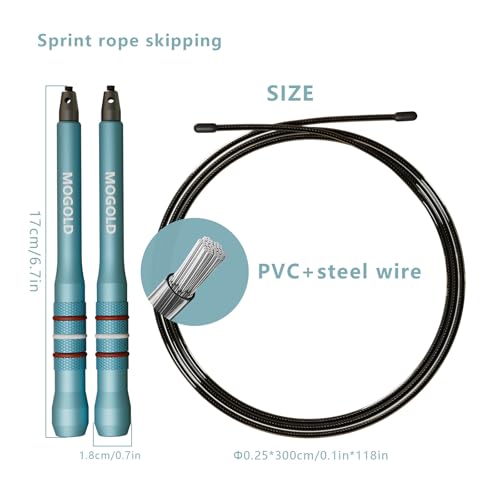 MOGOLD Speed Jump Rope, Turquoise Aluminum Alloy Handles with PVC Steel Wire, 17cm Handle, 118-Inch Adjustable Rope, 360-D...