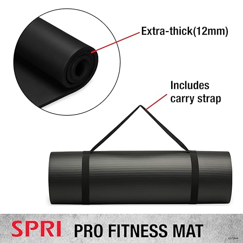 SPRI 12mm Pro Fitness Matt - Thick Exercise Mat for Floor Workouts, Sit-Ups, Push-Ups, Stretching, Toning, and General Fit...