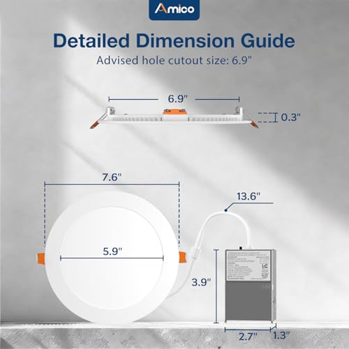 Amico 6 Pack 7 Inch 5CCT Ultra-Thin LED Canless Recessed Ceiling Light with Junction Box, 2700K/3000K/3500K/4000K/5000K Se...