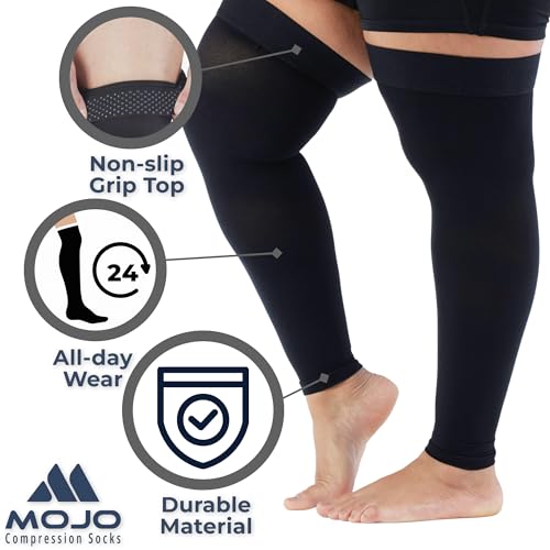 Mojo Compression Socks - 20-30mmHg Graduated Support Thigh-Hi Leg Sleeves with Grip Top - 10 Sizes, 5 Colors - Reduces Swe...