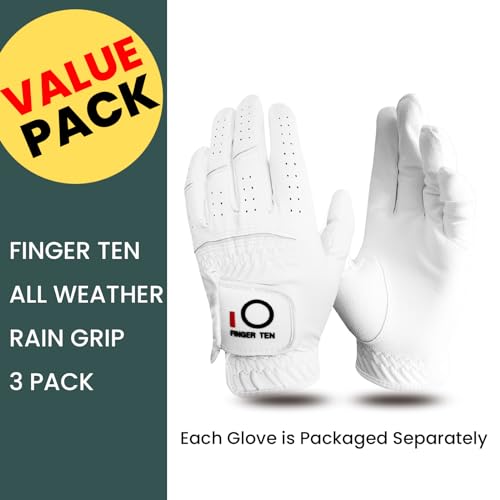 FINGER TEN All Weather Grip Golf Gloves Men Value 3 Pack for Right Handed Golfer, Hot Wet Rain Grip & Comfort Soft Glove f...