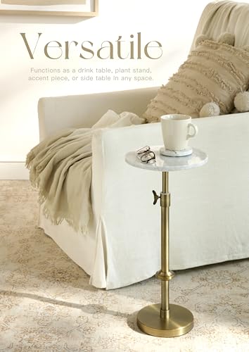 Adjustable-Height Marble Drink Table - 10x10x22-30, White Marble & Antique Brass, Modern Round End Table, Side Table with ...