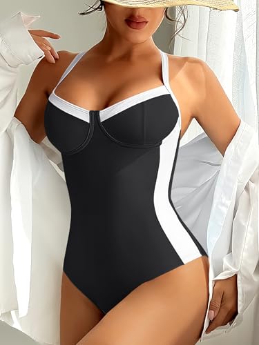 ANRABESS Womens One Piece Swimsuit Slimming Color Block Bathing Suit Full Coverage Swimwear 2026 Beach Vacation Clothes