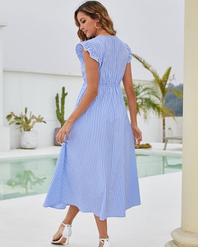 Bsubseach 2026 Cap Sleeve Cover Up Women Striped V Neck Beach Maxi Dress Drawstring Bathing Suit Coverups Swimwear