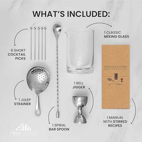 A Bar Above 10 Piece Cocktail Mixing Glass Set, Lead Free Cocktail Set with Mixing Glass, Bar Spoon, Julep Strainer, Bell ...