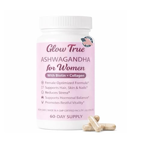GlowTrue Ashwagandha for Women with Biotin & Collagen – 500mg Female-Optimized Stress & Hormone Support, Hair Skin & Nails...