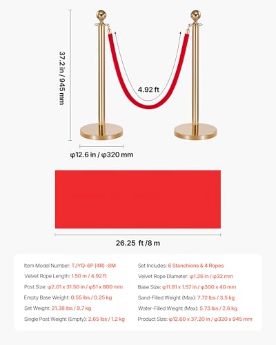 VEVOR Stanchions and Velvet Ropes 6Pcs, Hollow Base with Stainless Steel Post & 26.25ft Carpet, 4 Red Velvet Ropes, Crowd ...