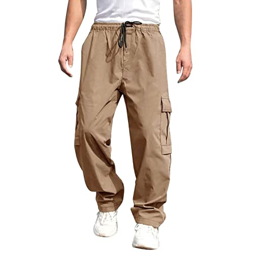 Men's Fashion Cargo Pants Solid Casual Drawstring Outdoor Hiking Pants Elastic Waisted Straight Leg Work Trousers with Pocket