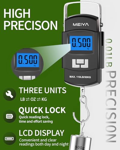 MEIYA Fish Scale 110lb/50kg Digital Fishing Scale with Backlit LCD, Portable Handle, Stainless Steel Hook & 2 AAA Batterie...