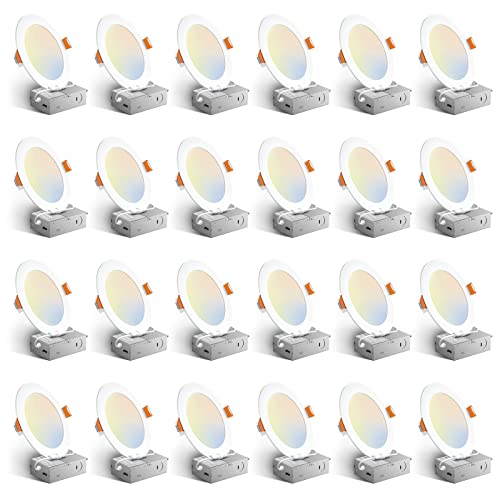 Amico 24 Pack 6 Inch 5CCT Ultra-Thin LED Recessed Ceiling Light with Junction Box, 1050LM Brightness, Dimmable Canless Waf...