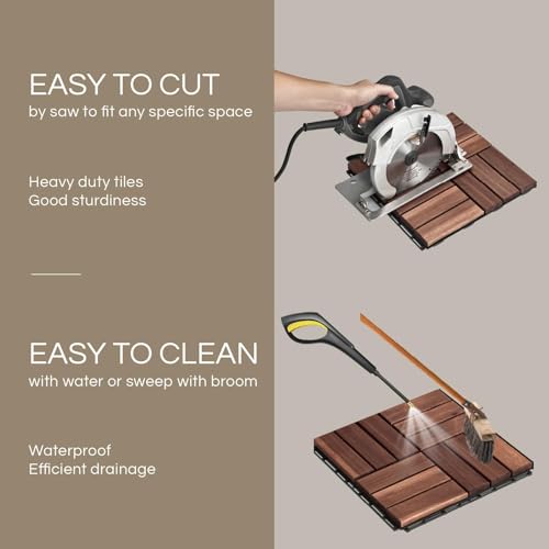 THYOI 10 Pcs Deck Tiles, Patio Flooring - Outdoor Waterproof Acacia Wood Tiles for All Weather Use - Balcony, Backyard, In...