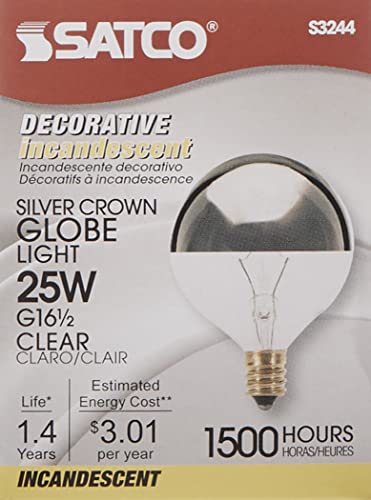Satco S3244 25W G16.5 Candelabra Light Bulb, Silver Crown, Glass, 120V, 1 X 1 X 3 Inch