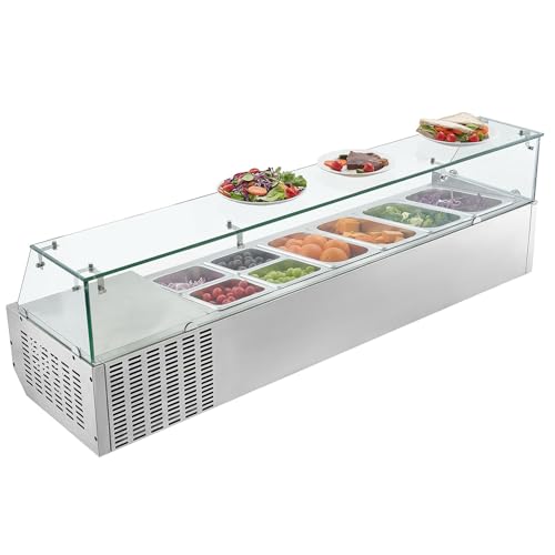 VEVOR Refrigerated Condiment Prep Station, 130 W Countertop Refrigerated Condiment Station, with Four 1/3 Pans & Four 1/6 Pans, 304 Stainless Body and PC Lid, Sandwich Prep Table with Glass Guard