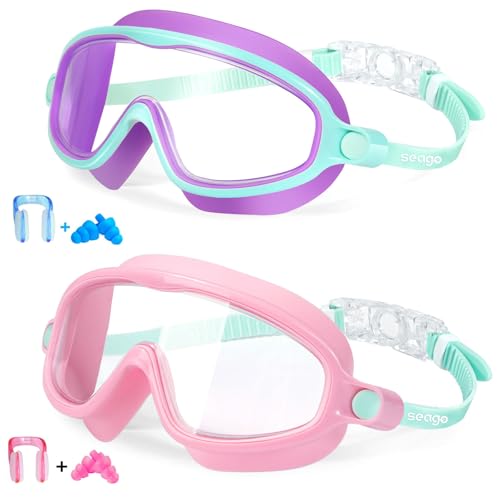 Seago Kids Goggles for Swimming 2 Pack Outer Eye Fit with Wide View No Leaking Anti-Fog UV Protection Crystal Clear Watert...