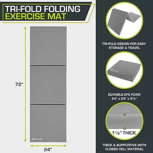 ProSource Tri-Fold Folding Thick Exercise Mat 6’x2’ with Carrying Handles for MMA, Gymnastics, Stretching, Core Workouts