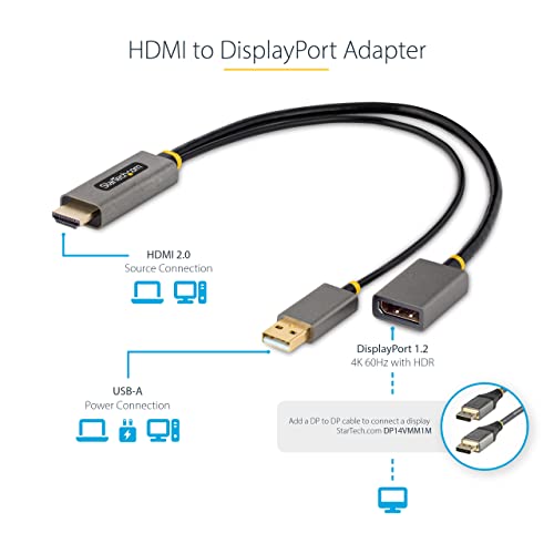 StarTech.com 1ft (30cm) HDMI to DisplayPort Adapter Cable, Active 4K 60Hz HDMI 2.0 to DP 1.2 Converter, HDR, USB Bus Power...