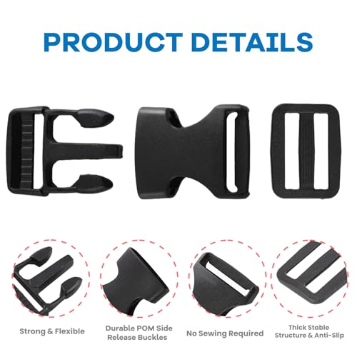 Strap and Buckles kit - 18 ft Nylon Webbing 1 inch wide, 8 Pack Quick Release Buckle, 16 pieces Tri-Glide Slide Clips, Bla...