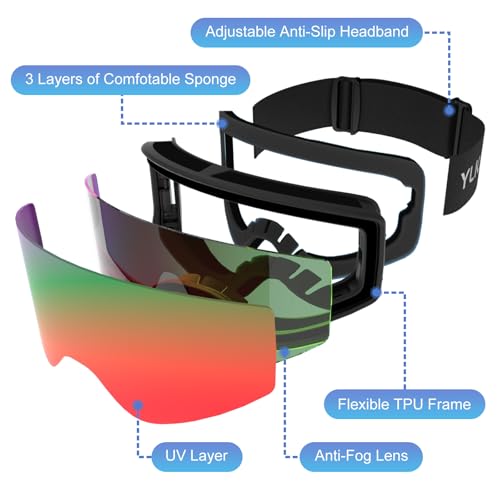 YLKJSWIM Kids Ski Goggles, OTG Snow Goggles, 100% UV Protection Snowboard Goggles for Boys & Girls, Snowmobile, Dog Sledding