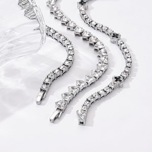 5PCS Diamond Tennis Chain Bracelet Set for Women ,Gold/Silver Plated Bangle Cuff Heart Shape Floral Clover Cross Charms Si...
