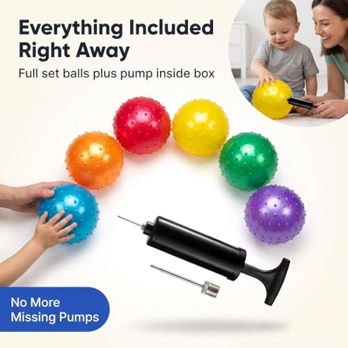 Bedwina Knobby Balls - Bulk 7 Inch Sensory and Spiky Massage Stress Balls for Toddlers, with Pump, Fun & Bouncy for Toddle...