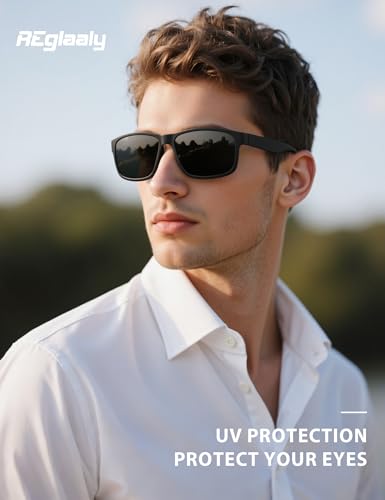 Reglaaly Polarized Sunglasses for Men Womens, Mens Sunglasses UV Protection, Black Square Sun Glasses Driving Fishing Golf