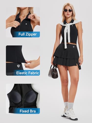 Tennis Skirt Set for Women Two Piece Golf Pickleball Outfits Double Ruffle Pleated Athletic Skirts Sets with Pockets