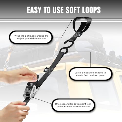 Jack Boss Ratchet Tie Down Straps Set,1500 lbs Break Strength, 1" x 15' Heavy Duty Ratchet Straps with 4X Soft Loops Padde...