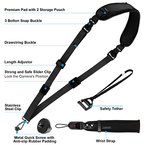 ARVOK Camera Strap - Adjustable Shoulder Strap with Wrist Strap for Nikon Canon Sony Fuji DSLR