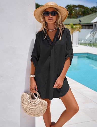 Halife Womens Swimsuit Coverup Shirt V Neck Eyelet Bathing Suit Cover Up Summer Beach Cover Ups Dress