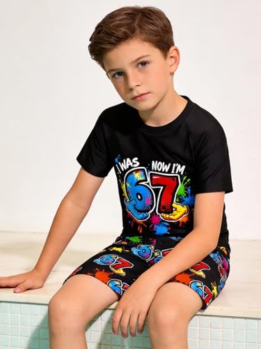 Kids 67 3-Piece Swim Set Rash Guard Quick-Dry Trunks and Cap Birthday Swimwear for Boys 5-12Y