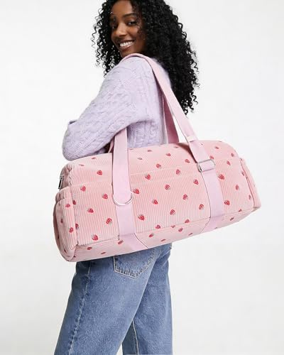 Hihealer Strawberry Gym Bag for Women & Girls, Corduroy Yoga Mat Bag with Holder, Large Capacity Dance Duffel Bag for Pila...
