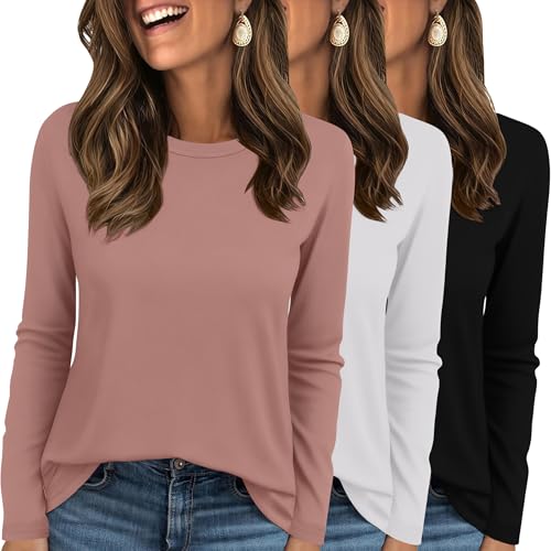 Ekouaer Womens Long Sleeve Shirts 3 Pack Crew Neck Thermal Tops Loose Fit Undershirt Base Layer Trendy Clothes XS-XXL
