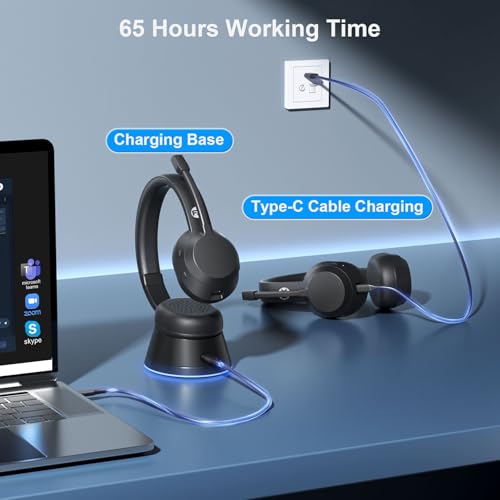 FXWONTY Wireless Headset, Bluetooth Headphones with Mic(AI Noise Cancelling), 65 Hrs Working Time with USB Dongle, Wireles...